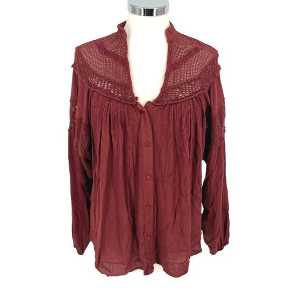 Gimmicks Boho Crochet V-neck Blouse Flowy Dusky Dark Rose Size Small - Picture 1 of 13